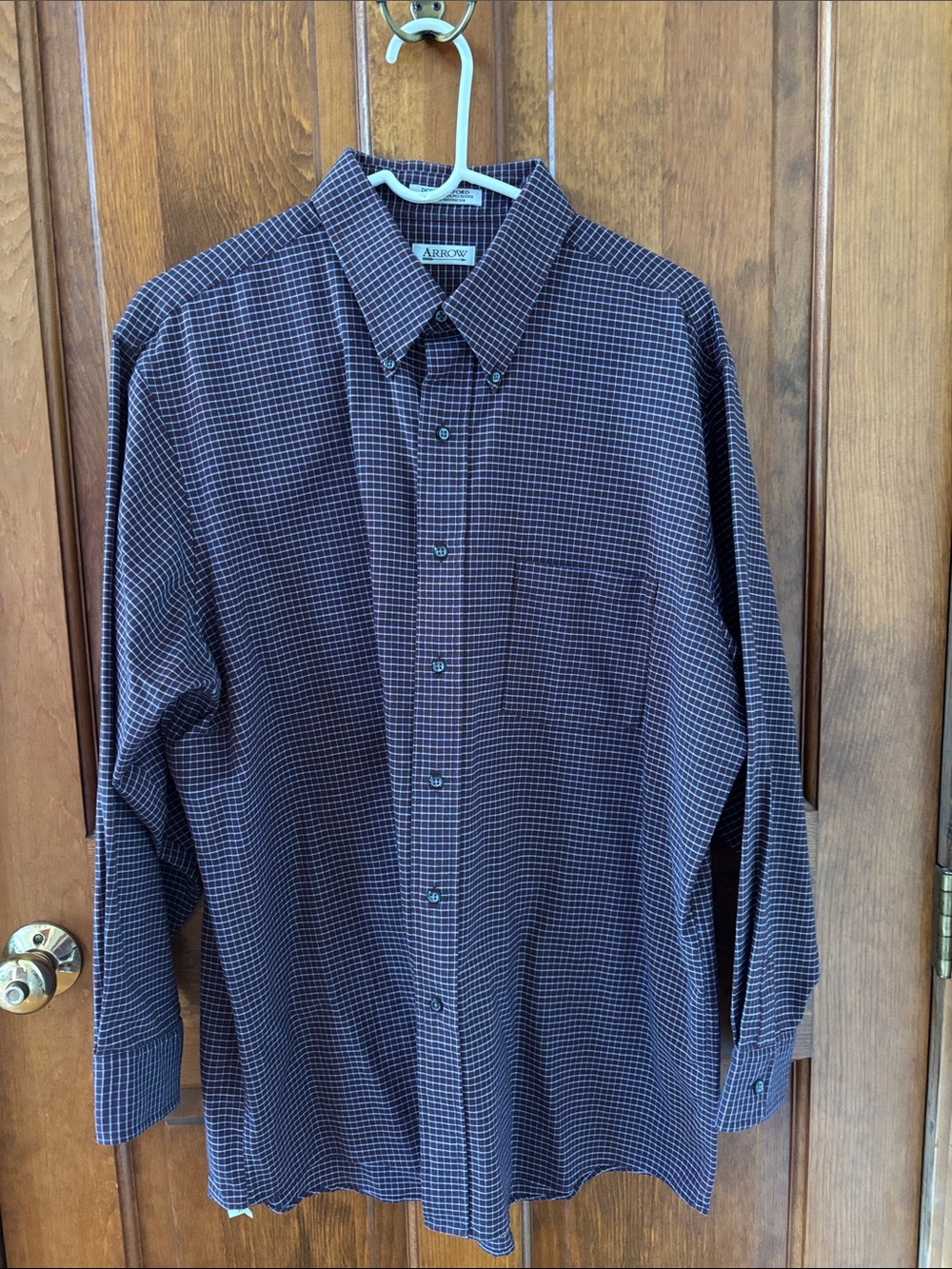Arrow Men’s Blue , Burgundy and White Micro-Check Button-Down Shirt, XL